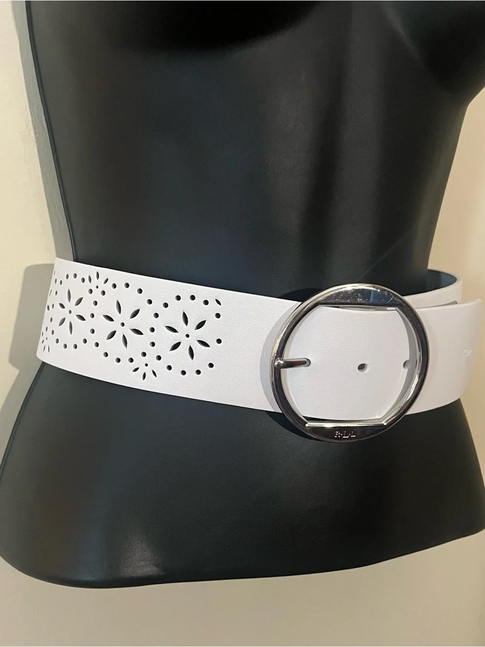 Lauren Ralph Lauren m white leather belt silver buckle preppy stretch wide LRL